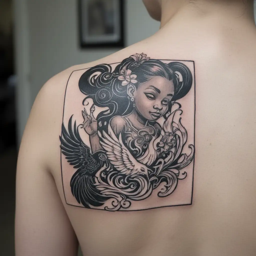 Black little girl and a phoenix rising from the ashes tattoo design idea