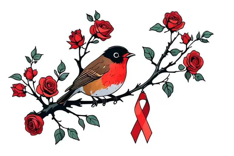 Robin sitting on branch surrounded by a lot of red roses with a cancer ribbon hanging off the end of it tattoo design idea