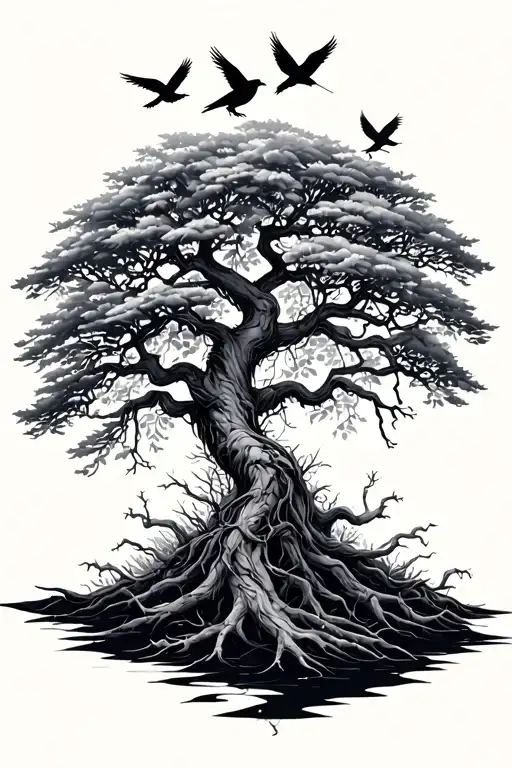 tall and thin poison tree with birds tattoo design idea