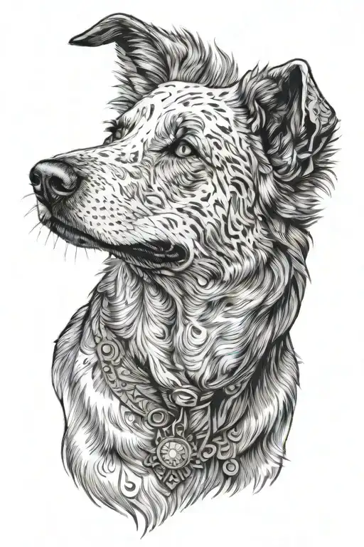 blue hiller with black patch of fur area on left eye. old dog, all white except for ears and left eye tattoo design idea