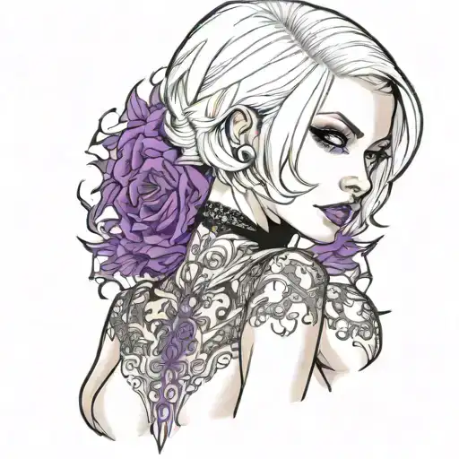 Sexy Petite Girl white short bob hairstyle, revealing clothes, big boobs, purple eyes, wide hips Slutty. gothic pin-up  tattoo design idea