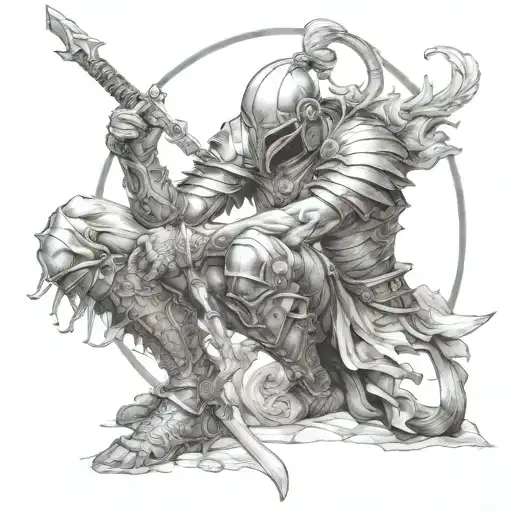 The central figure is a warrior, kneeling in solemn reverence, the weight of both honor and grief he tattoo design idea