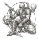 The central figure is a warrior, kneeling in solemn reverence, the weight of both honor and grief he tattoo design idea