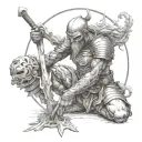 The central figure is a warrior, kneeling in solemn reverence, the weight of both honor and grief he tattoo design idea