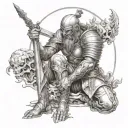 The central figure is a warrior, kneeling in solemn reverence, the weight of both honor and grief he tattoo design idea