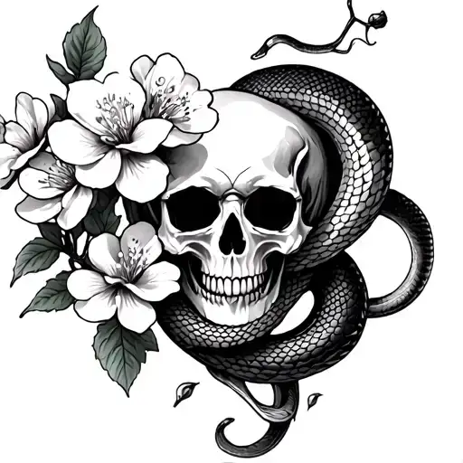 cherry blossom with a skull and snake  tattoo design idea