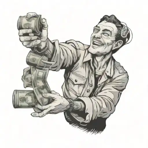 man holding phonereaching out for a roll of money that is far from him tattoo design idea