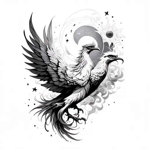 delicate and feminine features. A phoenix with a moon, sun and stars. All this surrounded by smoke tattoo design idea