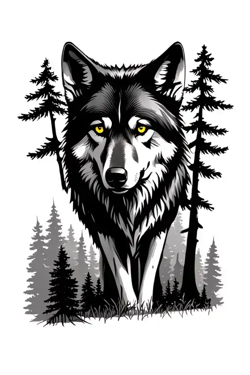 Forest piece with pine trees in the foreground and wolf with yellow eyes facing forward between the trees in background tattoo design idea