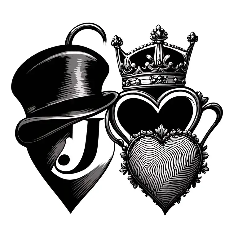 fingerprint classic heart with queen hat and intial j  tattoo design idea