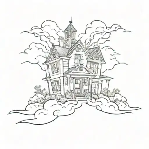 A sketch of a haunted house surrounded by dark clouds and lightning bolts, symbolizing your fascination with evil things tattoo design idea