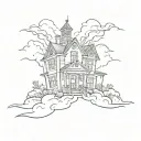 A sketch of a haunted house surrounded by dark clouds and lightning bolts, symbolizing your fascination with evil things tattoo design idea
