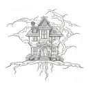 A sketch of a haunted house surrounded by dark clouds and lightning bolts, symbolizing your fascination with evil things tattoo design idea
