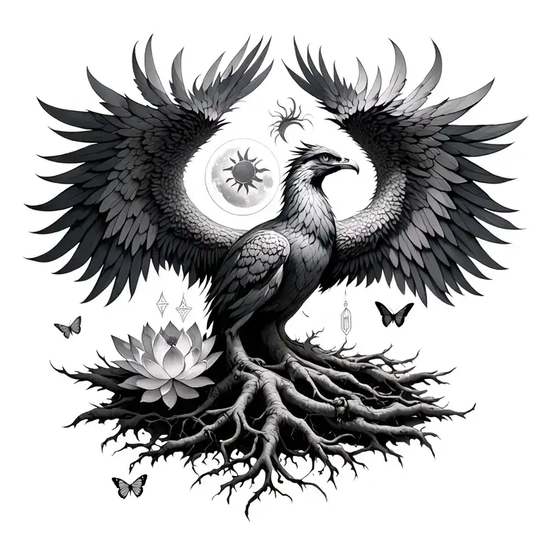 a phoenix-tree hybrid with roots, wings, branches, and symbolic details (sun, moon, butterfly, lotus) tattoo design idea