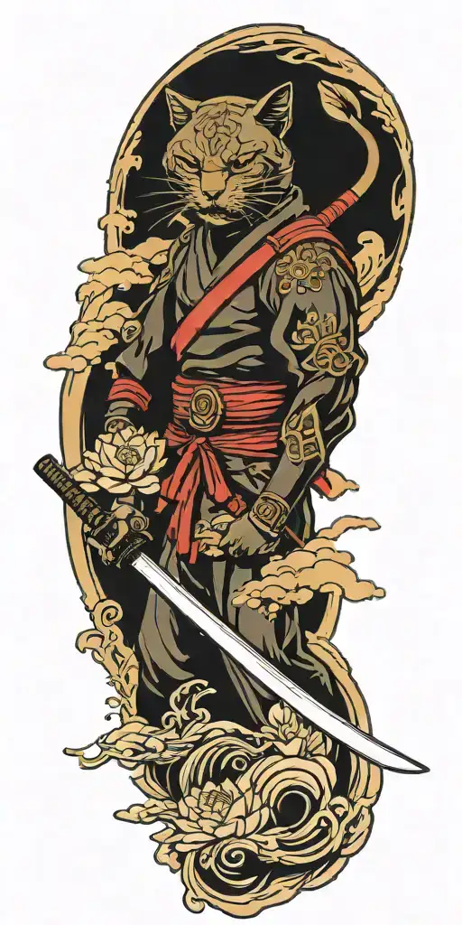 ninja cat holding katana sword, tail, water, waves, lotus, sakura, clouds, whirlpool, leaves, peony, sunset tattoo design idea