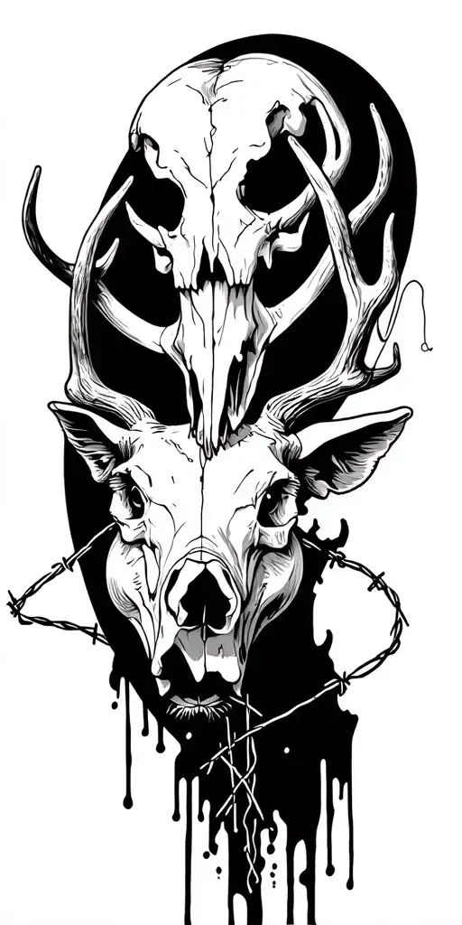 deer skull and pig skull with barb wire going down the arm tattoo design idea