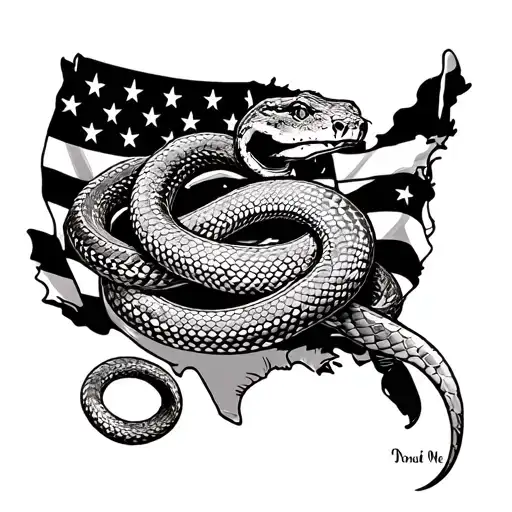 A black and grey tattoo of a snake wrapped around the American flag, with the words 'Don't Tread on Me' incorporated into the design, representing a strong sense of patriotism and protection tattoo design idea