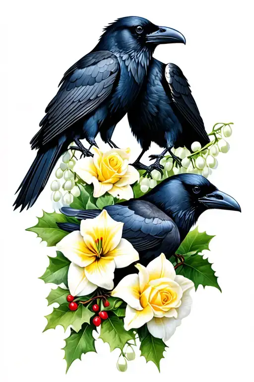 two ravens with lily of the valley, roses, holly, larkspur, and daffodil tattoo design idea
