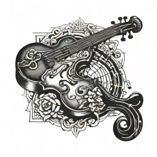 Violin key in anchor framed by guitar microphone piano keyboard tattoo design idea