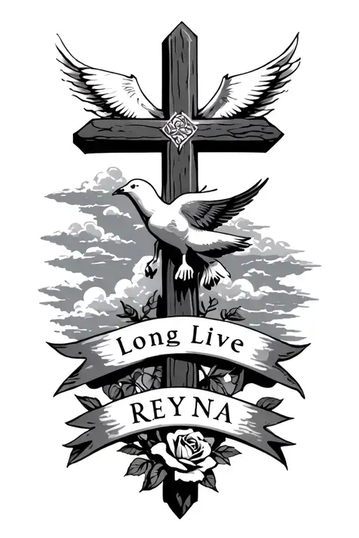 i wanted a cross with clouds and a banner saying “Long Live Reyna” with a dove and a rose  tattoo design idea