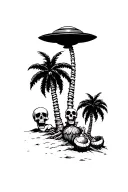 palm tree three skeletons at the base with ufo in the background and skulls for coconuts  tattoo design idea