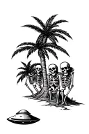 palm tree three skeletons at the base with ufo in the background and skulls for coconuts  tattoo design idea