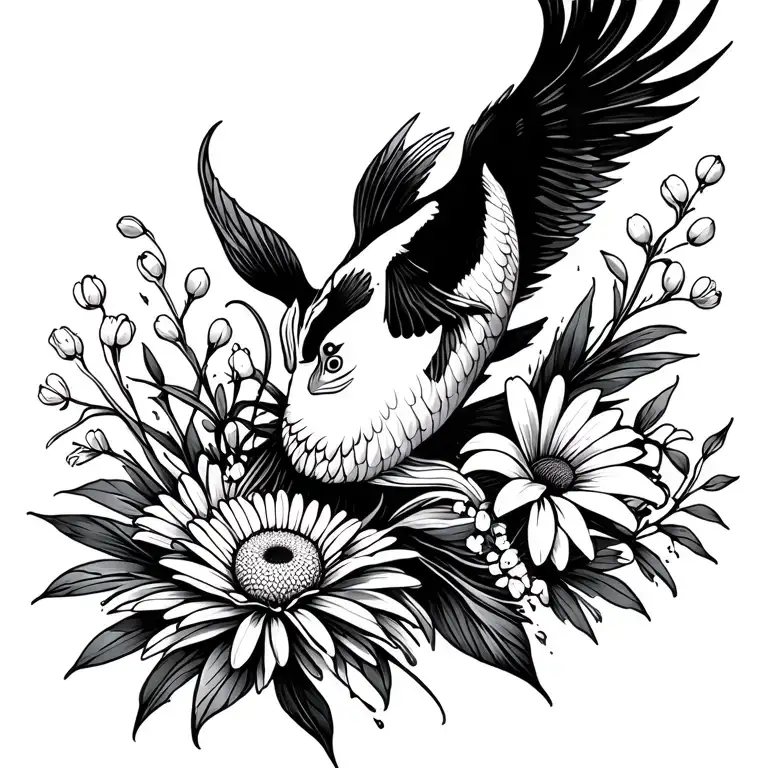  out of water black white koi Transformung into phoenix, bouquet with an aster, a daisy, a lily of the valley tattoo design idea