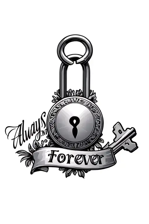 "Always and Forever" Padlock and key tattoo design idea