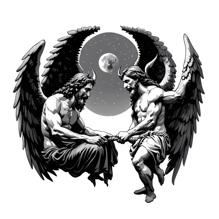 Jesus and devil playing tug of war with angel wing tattoo design idea