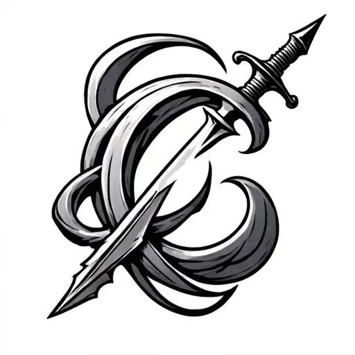 intricate cursive c wrapped around a small dagger tattoo design idea