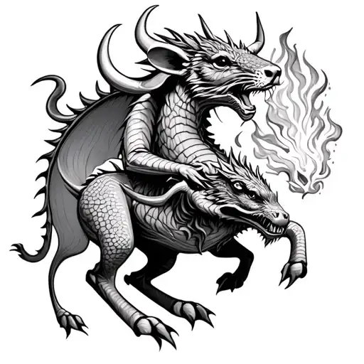mouse and an ox riding a mencing dragon breathing fire tattoo design idea