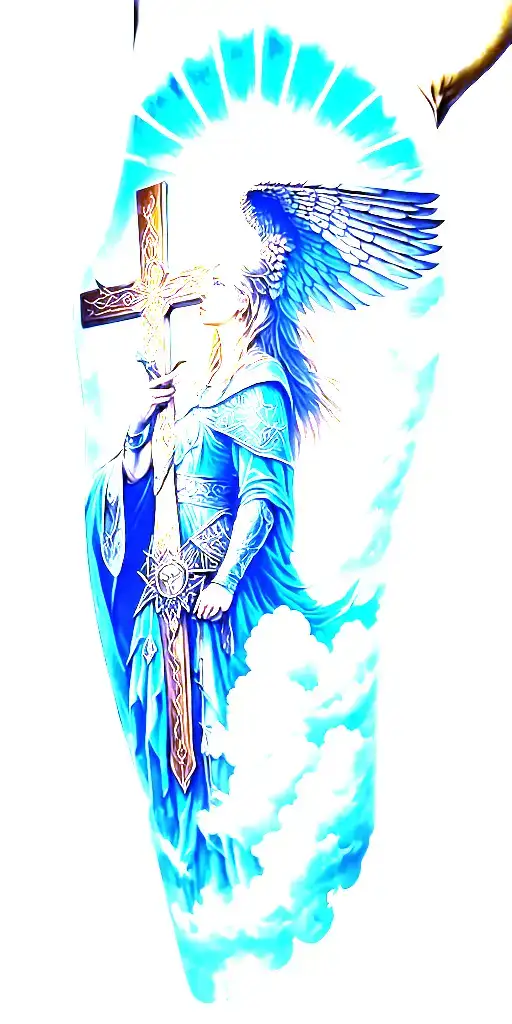 age of discovery, norse Valkyrie, clouds, rays, a cross,  tattoo design idea