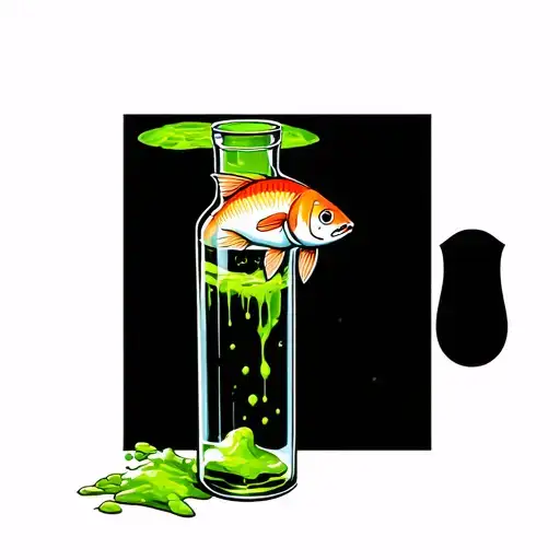 "A glass bottle filled with green poison, inside floats a dead fish. The atmosphere is dark and mysterious tattoo design idea