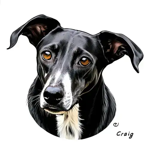 3 legged black greyhound with white chest and grey face called craig tattoo design idea