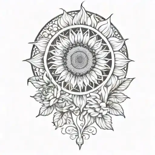 large sunflower surrounded by a rose and chrysanthemum flowers tattoo design idea