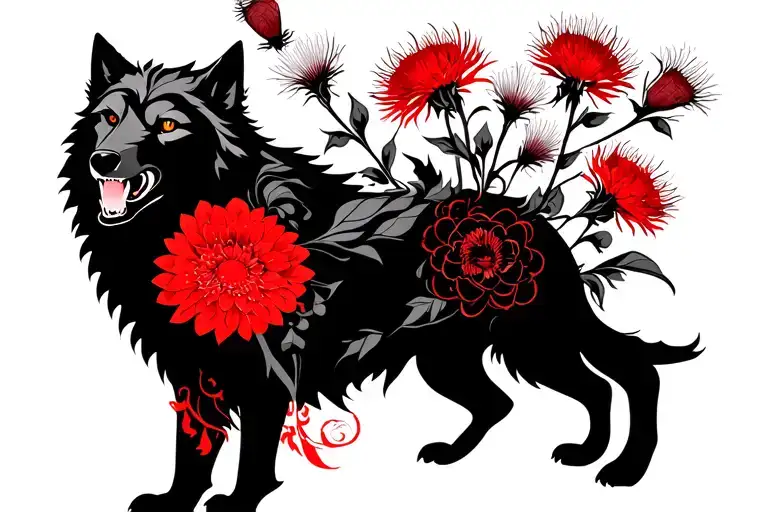 black and red ink. wolf in traditional Japanese style and mythical look snarling around chrysanthemums or thistles tattoo design idea