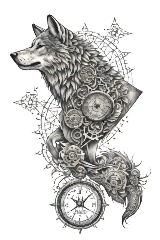 a full sleeve detailed tattoo, primarily focuses on wolf facing front, mandala,clock,compass. tattoo design idea