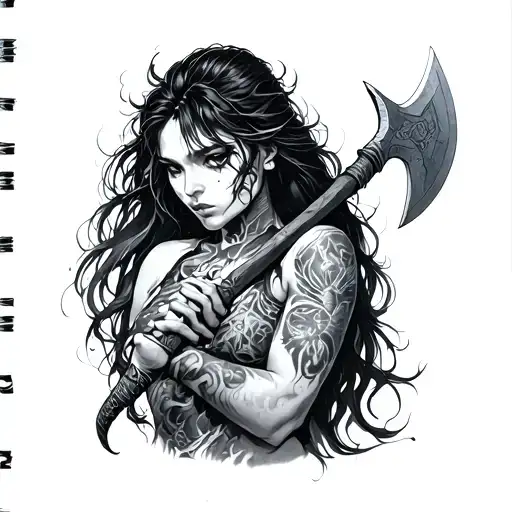 hand tattoo, astral projection from kikoru shinomiya from kaiju no. 8, with her battle axe on her back behind her.  tattoo design idea