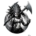 hand tattoo, astral projection from kikoru shinomiya from kaiju no. 8, with her battle axe on her back behind her.  tattoo design idea