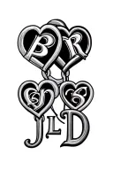 4 hearts link together with initial BR, LJ, JD, LD tattoo design idea