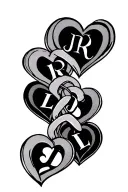 4 hearts link together with initial BR, LJ, JD, LD tattoo design idea