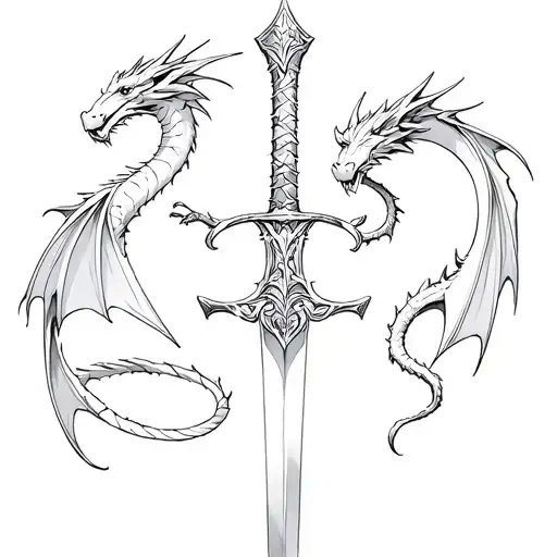 Excalibur sword. Then 3 dragons flying around it. One on the left side, one on the right side and anothr on top tattoo design idea