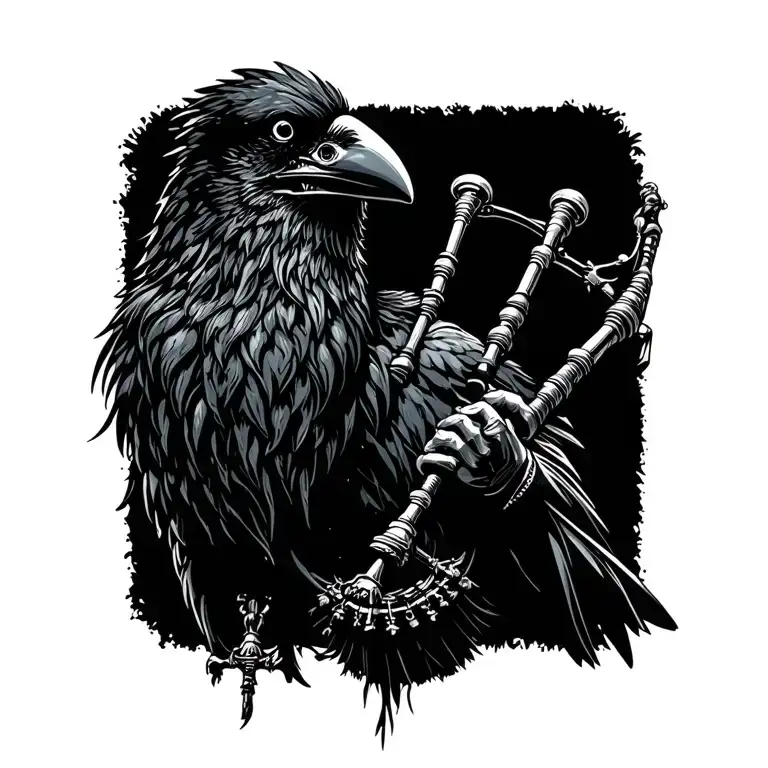  crow muscular with mans face bagpiper playing black bagpipes baldblack beard tattoo design idea