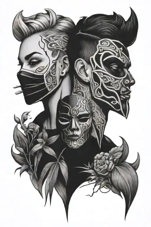 minimalist tattoo featuring the imposter syndrome using 2 masks tattoo design idea