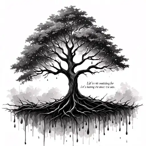 Tree of life with words saying ‘life isn’t about waiting for the storm to pass, it’s about learning to dance in the rain tattoo design idea