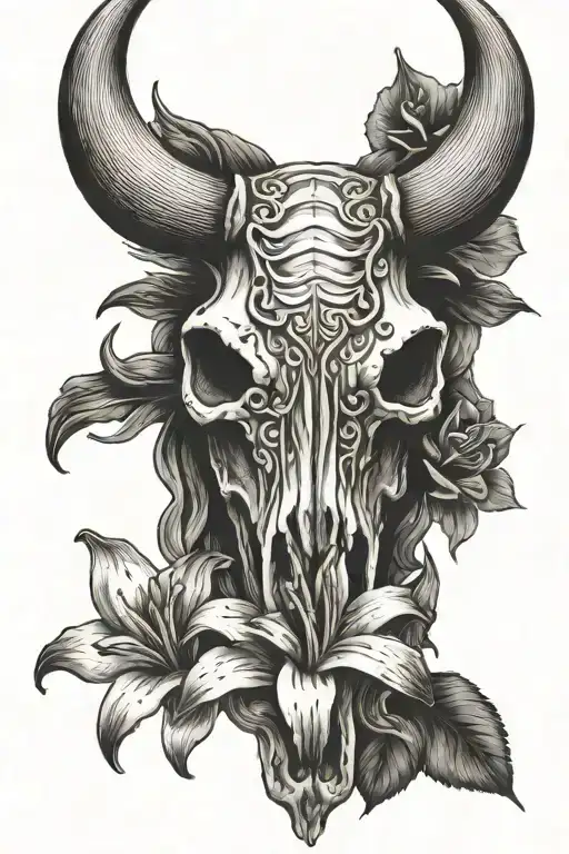 lillies and longhorn bull skull tattoo design idea