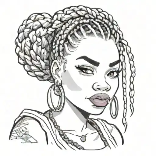 black chubby pin up girl with box braids and piercing full body cartoon style  tattoo design idea