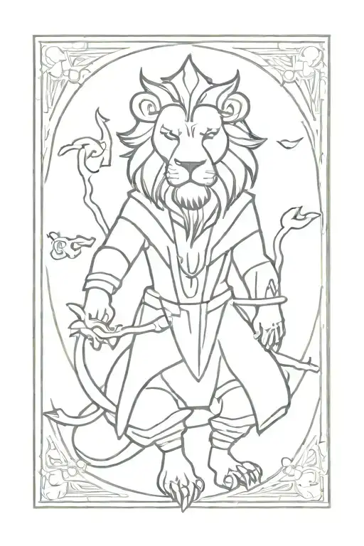 anthropomorphic lion warlock necromancer dead man in jester's outfit tattoo design idea