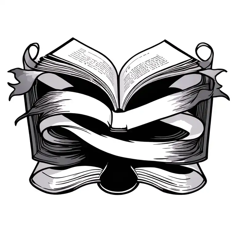 Standing forward closed book with flowing ribbons as chapter markers tattoo design idea
