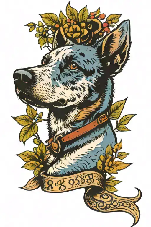 wrist to elbow wrapped around half sleeve tattoo that includes the numbers 589, a blue heeler dog, olive trees, tattoo design idea